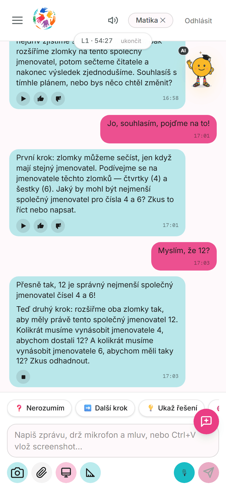 Chat with Doucik — explaining fraction addition step by step