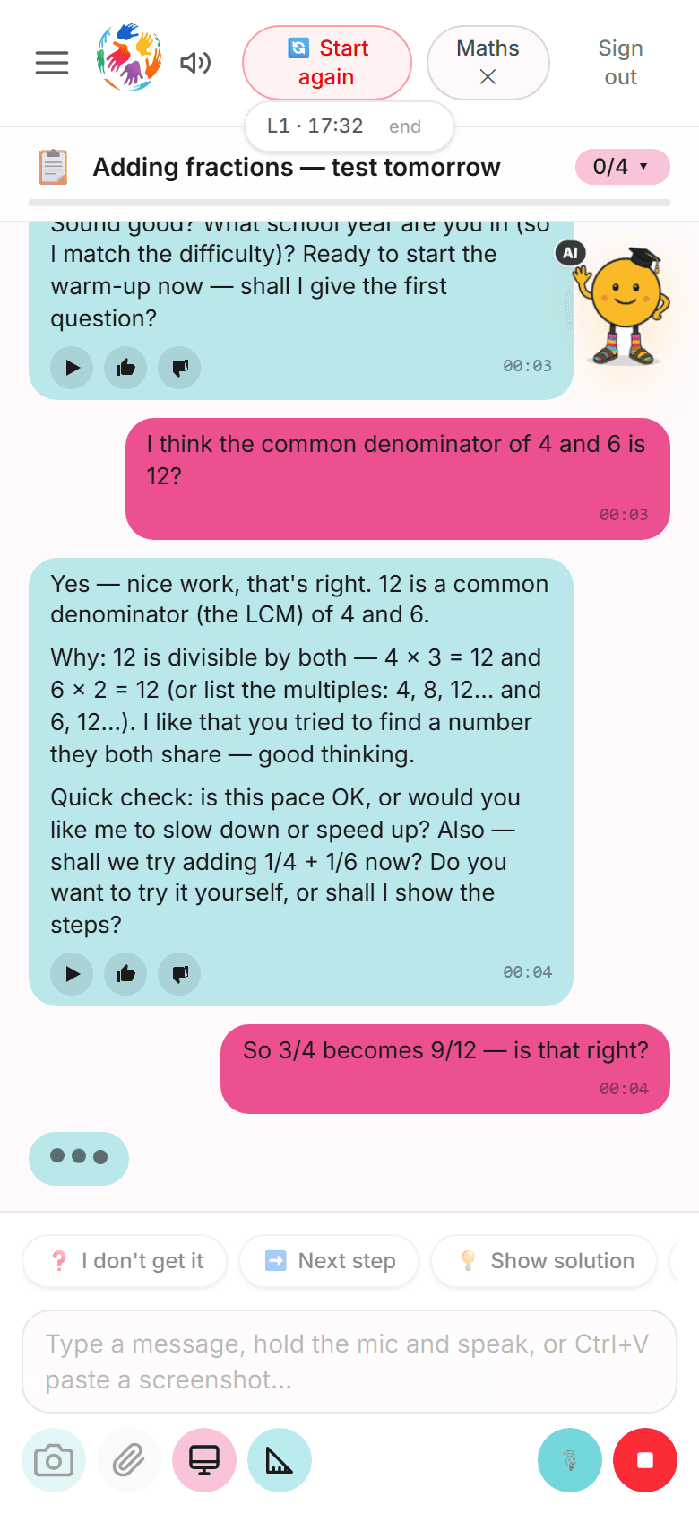 Chat with Doucik — explaining fraction addition step by step