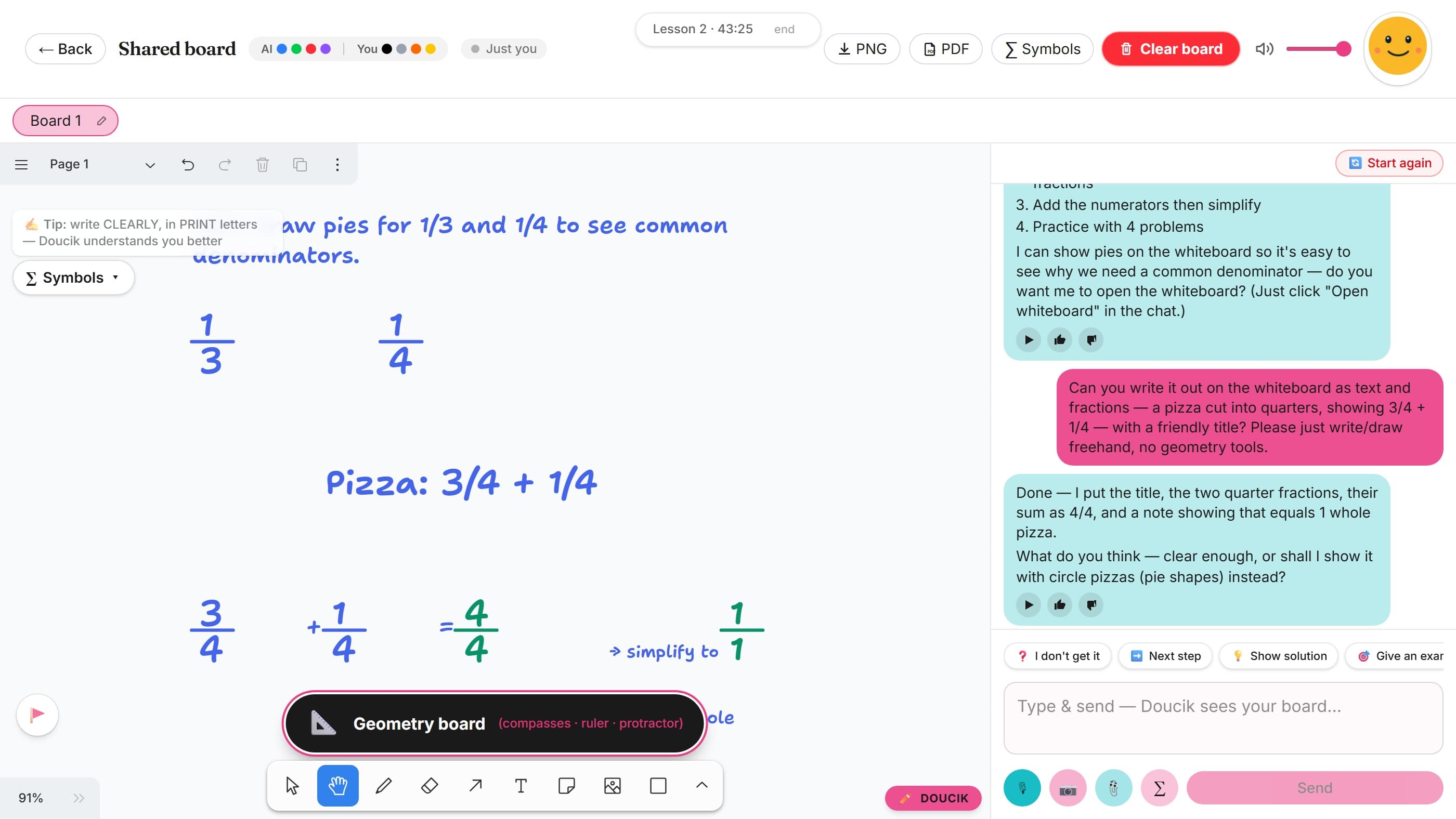 Doucik on a computer — full screen with the shared whiteboard and chat