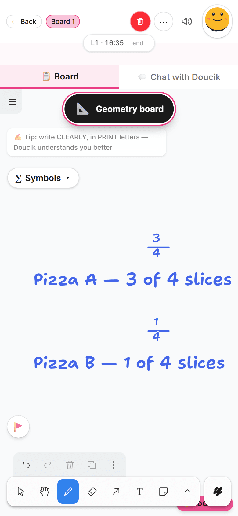 Shared whiteboard — Doucik writing out the lesson steps
